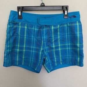 The North Face Baja Blue Plaid REVERSABLE Hook Loop Board Swim Shorts Womens 10